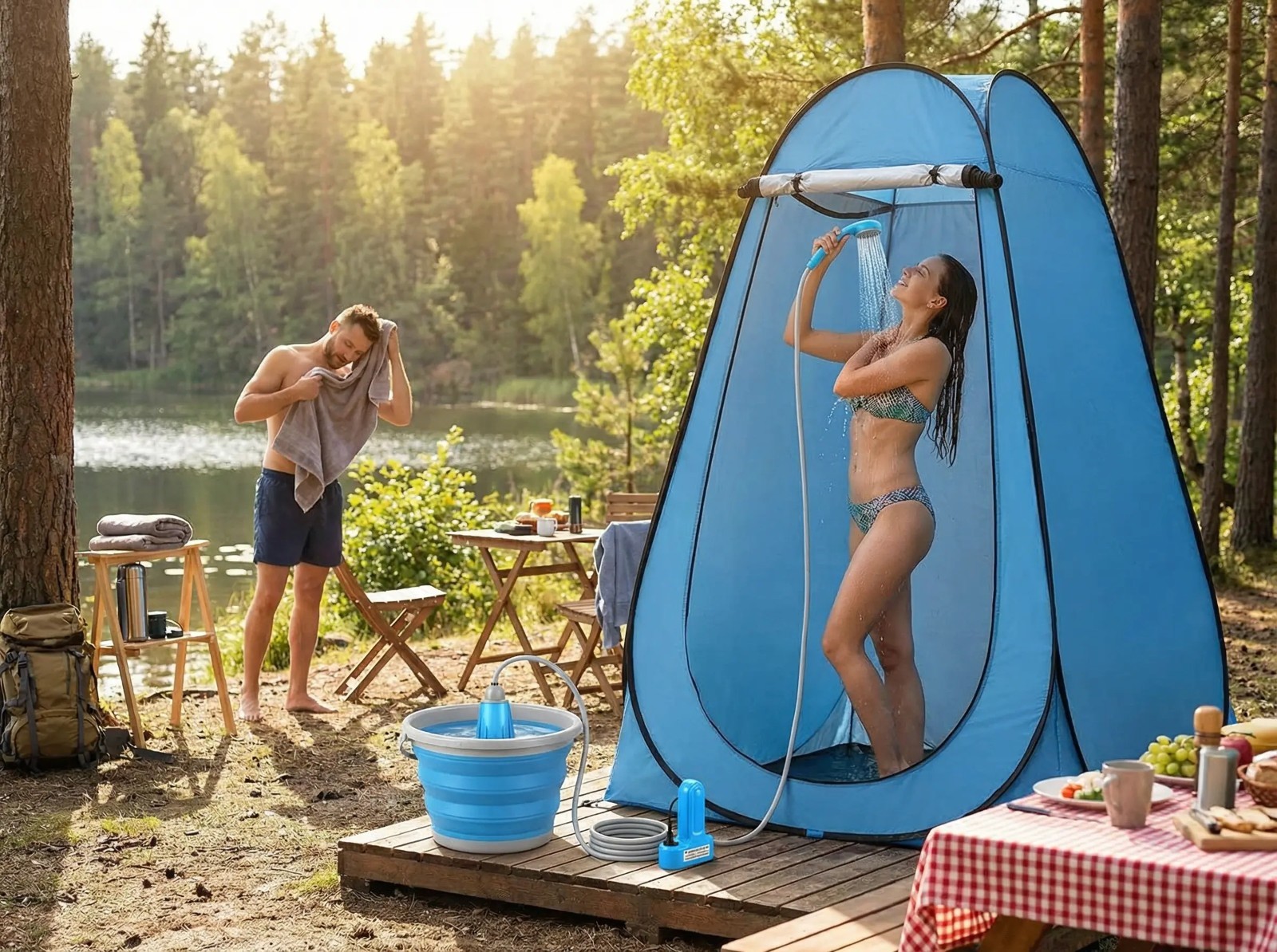 2PC (Pop Up Privacy Shower Tent +Portable Shower Camping Shower Outdoor Camp )