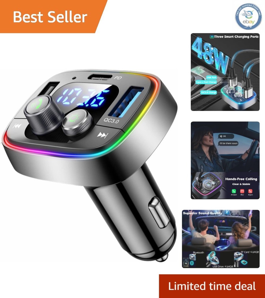 Bluetooth 5.4 Car Adapter: FM Transmitter, 48W Fast Charging, Hands-Free Calling