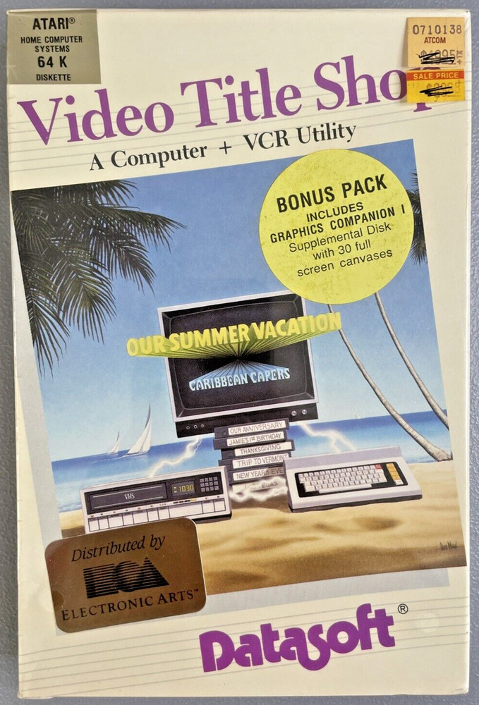 SEALED Video Title Shop A Computer & VCR Utility by Datasoft for Atari 64K 1987