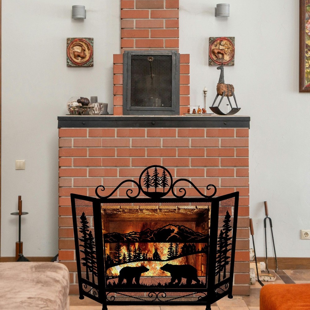 3-Panel Fireplace Screen with Strolling Mama Bear and Cub Design