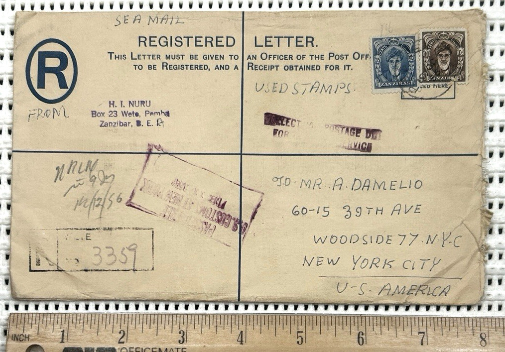 1956 Registered Sea Mail Postal Stationary Letter Zanzibar to New York City