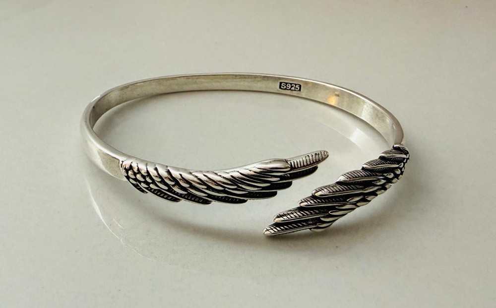 Sterling Silver 925 Feather Cuff Bracelet Adjustable Open Bangle Boho Style