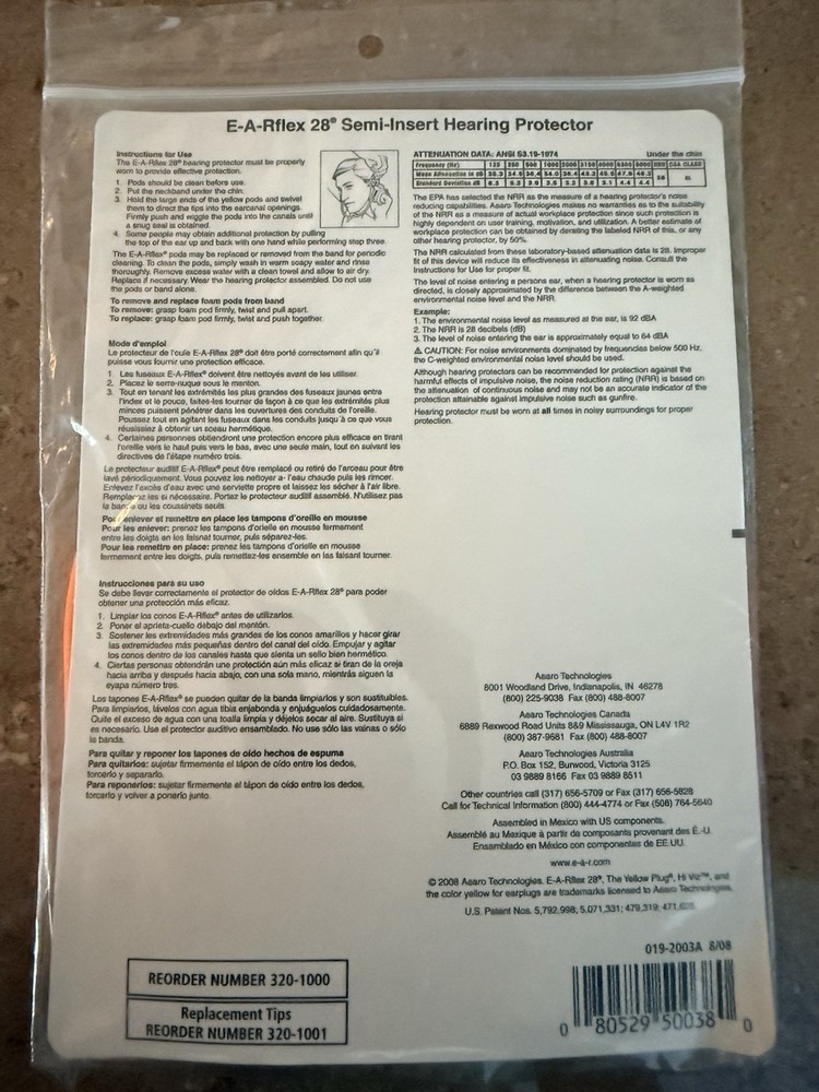 3M 320-1000, E-A-Rflex 28 Hearing Protector, NRR 28 dB, Regular Size, 1 Pair