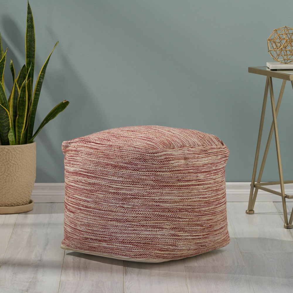 Boho Handmade Fabric Cube Pouf, Red and White