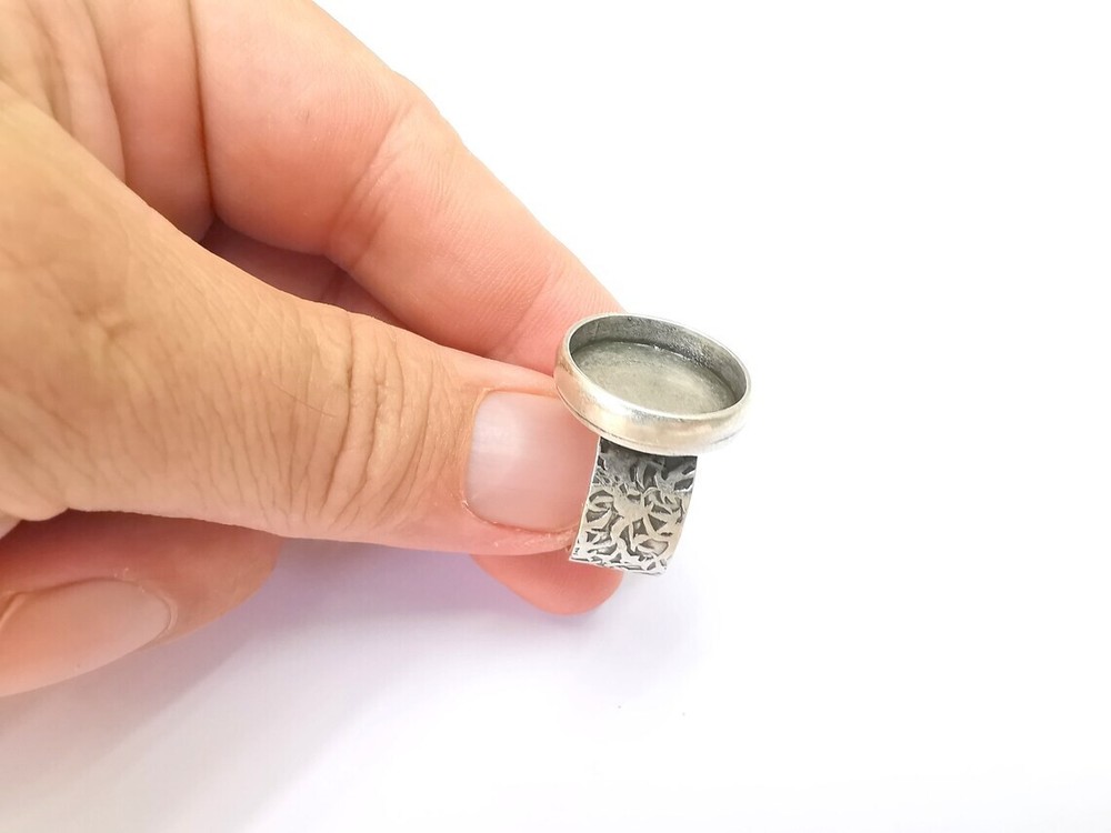 Round Antique Silver Ring Blank Setting, Cabochon Mounting Adjustable Resin Ring