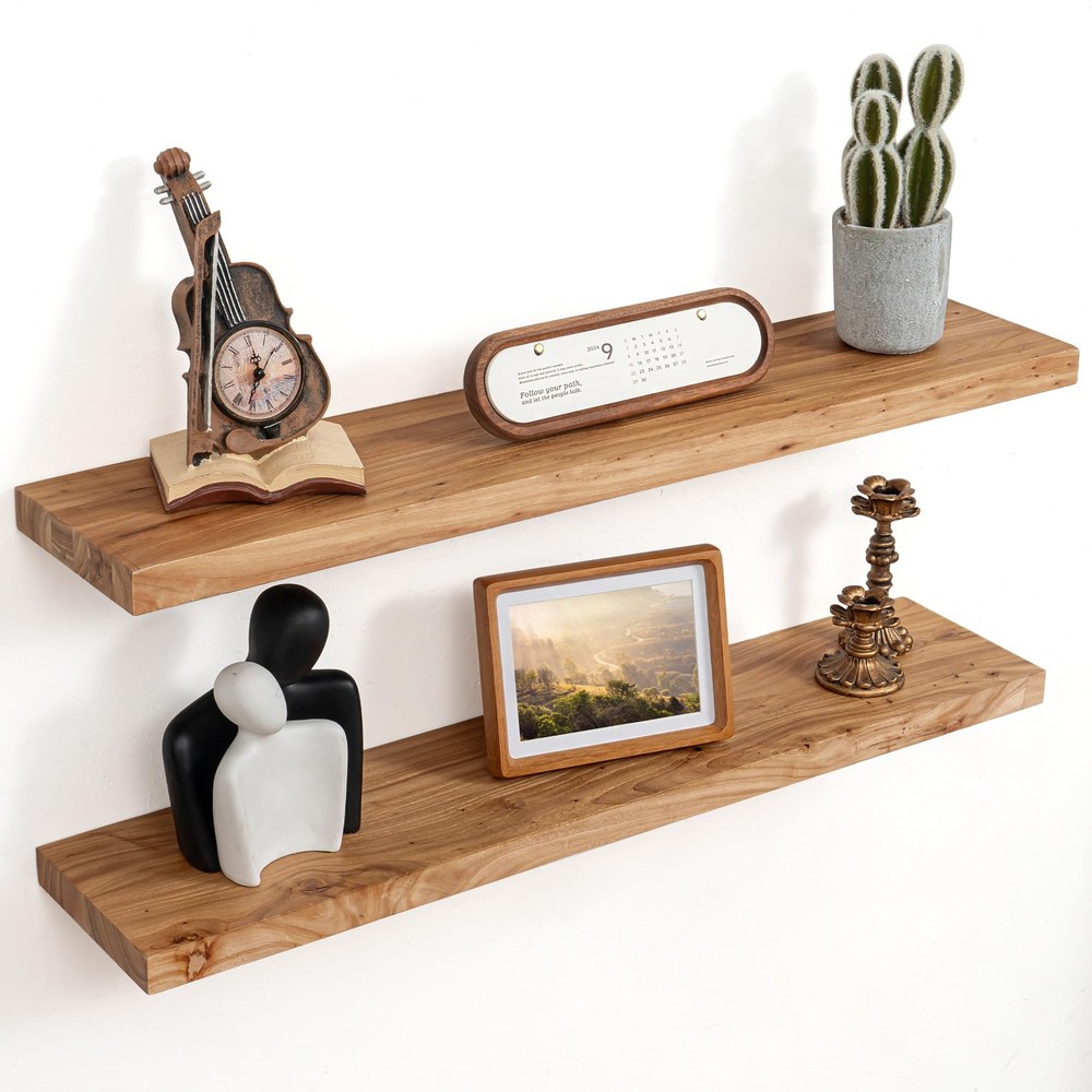 Floating Shelves for Wall Decor, 8" Deep Rustic Solid Elm Wood Floating Shelv...