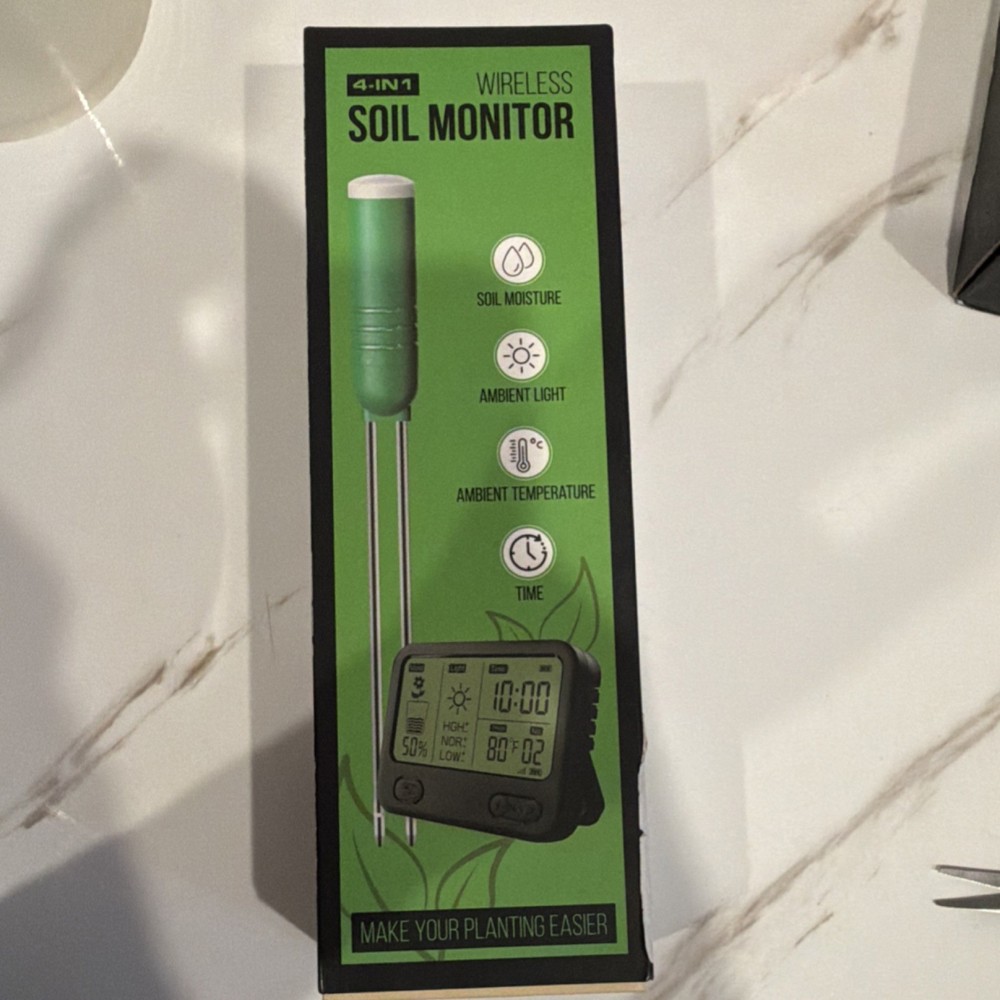 Wireless 4-in-1 Soil Meter, LCD, Waterproof, Measures Moisture, Light, Temp