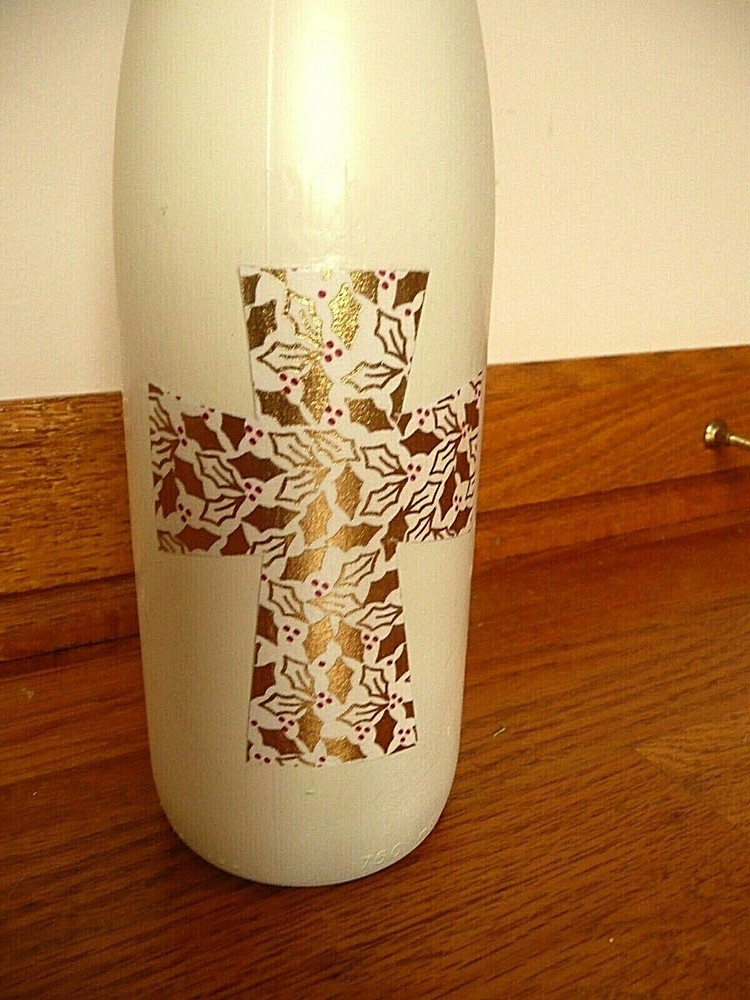 Hand Painted Wine Bottle with Cross, Holly and Light Access