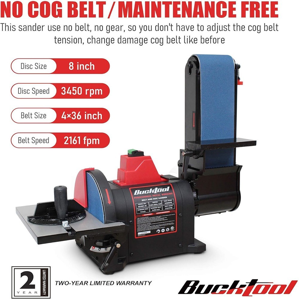 BUCKTOOL 1HP 4 x 36 in Bench Belt and 8 in Disc Sander Combo for Metalworking