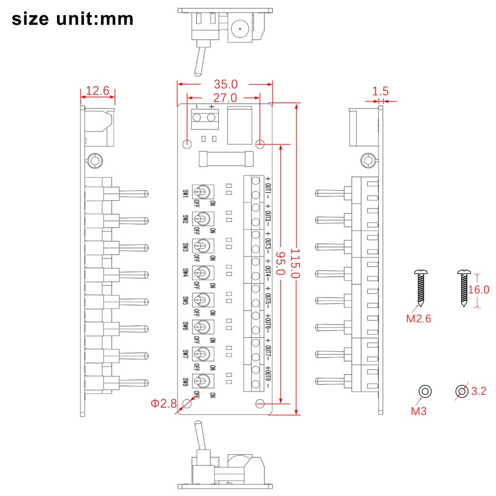 Evemodel 3V-24V DC Individual Toggle Switch Power Distribution Module 8 Channel