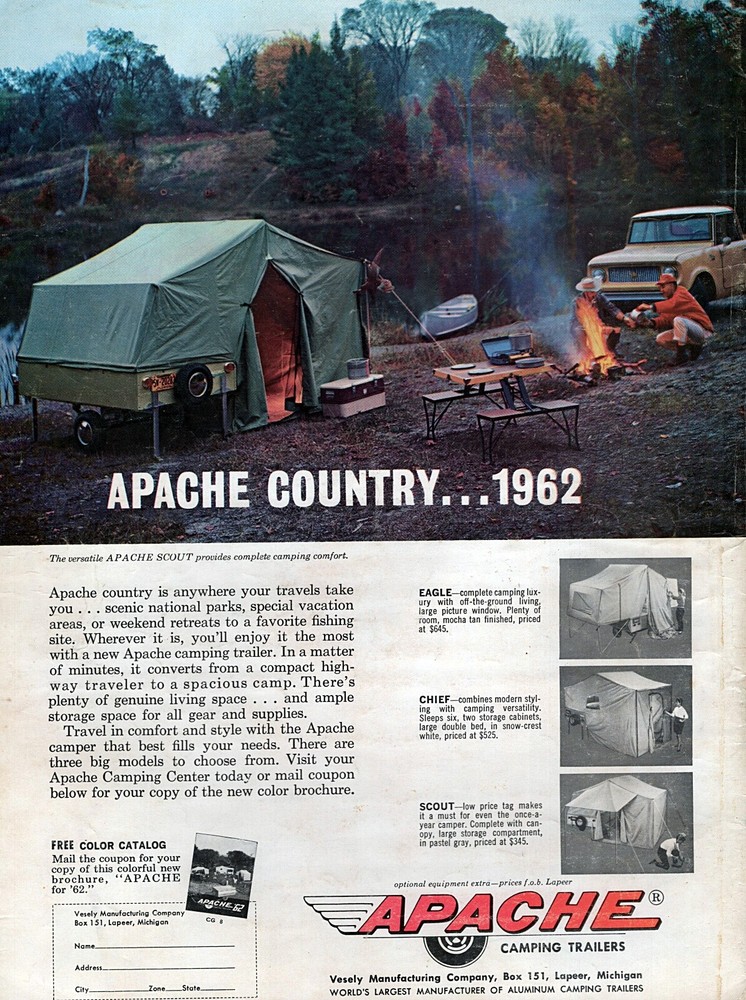 1962 Apache Scout Camp Trailer Camping Original Color Print Ad