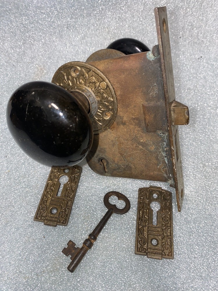 Antique Mortise, 2 Knobs & 2 Cast Iron Rosettes, 2 keyhole Covers