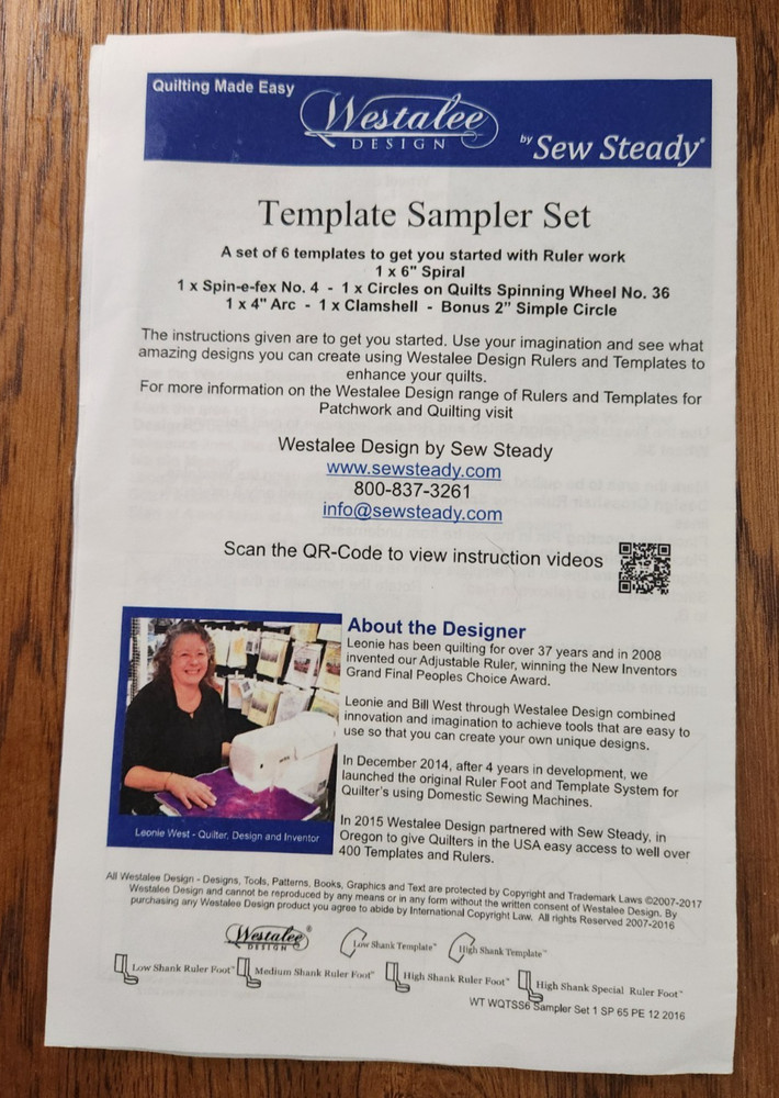 Sew Steady Template Sampler Set (6X) -Low Shank Template -Preowned