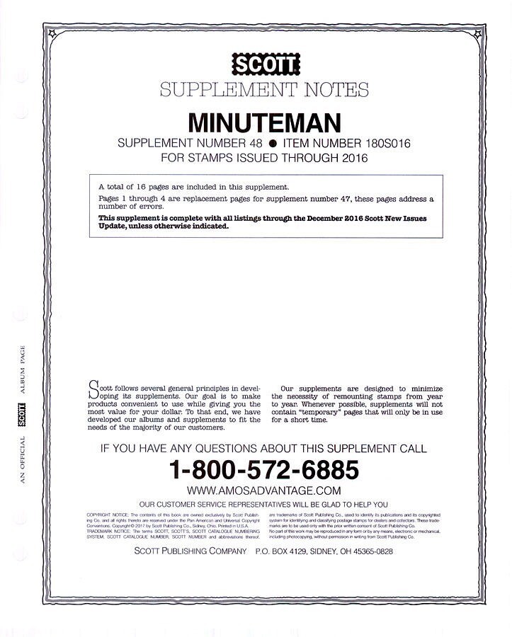 Scott Stamp Album Supplement Minuteman 2016 SP-180SO16 New