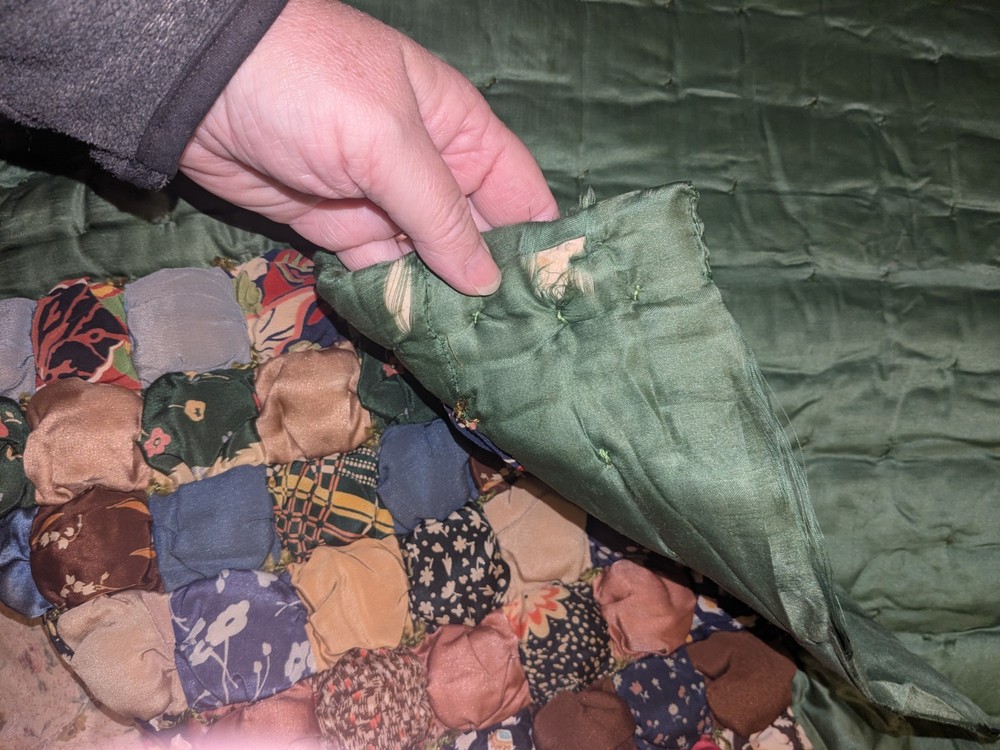 Unique Antique Puff Biscuit Patchwork Fabric Quilt ~ Green Back