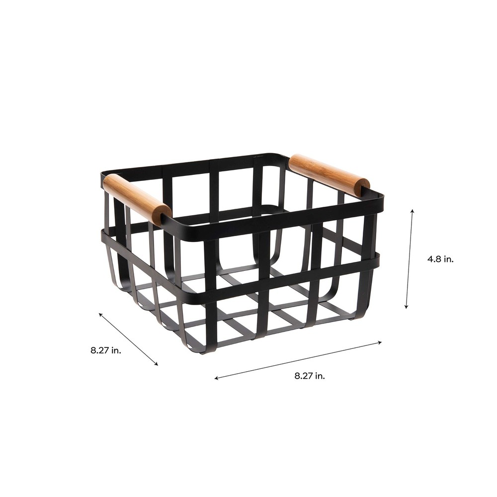 Simplify Square Metal Storage Basket with Bamboo Handles | Medium, Black