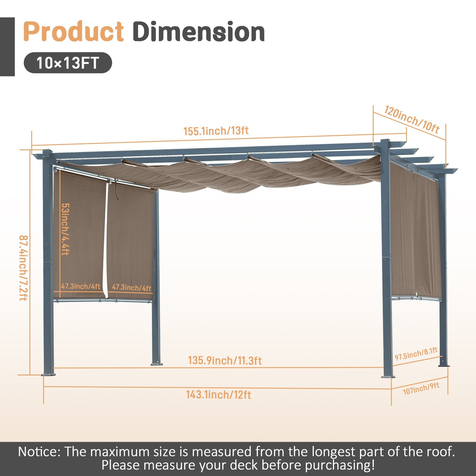 Aoodor 10ft x13ft Patio Retractable Pergola Outdoor Sun Shade Canopy Aluminum