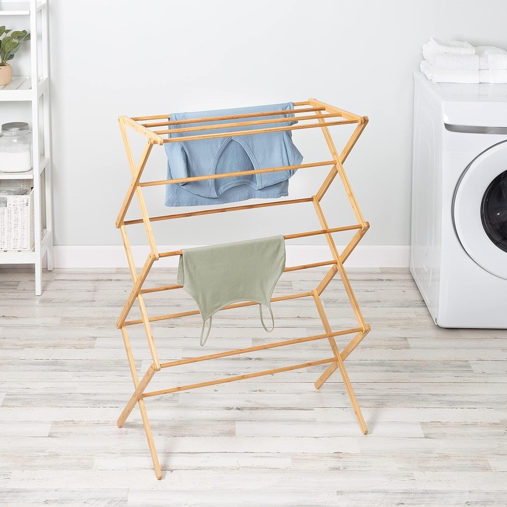 Space-Saving Collapsible Bamboo Laundry Drying Rack Clothes Foldable In&Outdoor