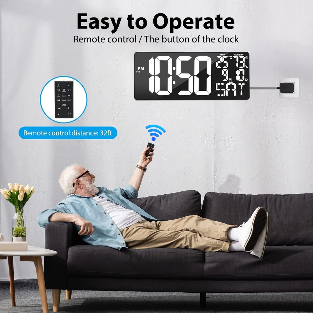 18 Inch Oversized Digital Wall Clock with Remote Control, Auto-Dimming, Tempe...