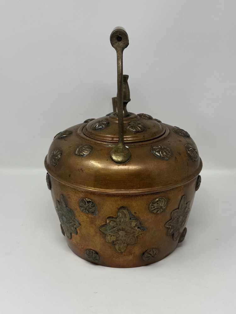 Copper Teapot Kettle with Floral Decorations Rustic Distressed Middle Eastern