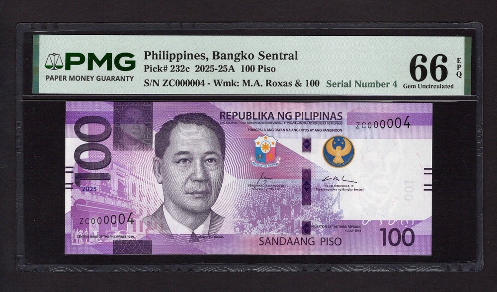 Philippines 100 Piso 2025 P232c S/N 4 Uncirculated Grade 66