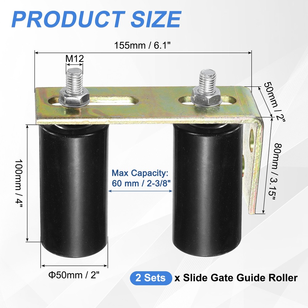 2Set Slide Gate Guide Roller, 4" Nylon Gate Support Rollers with Bracket, Black