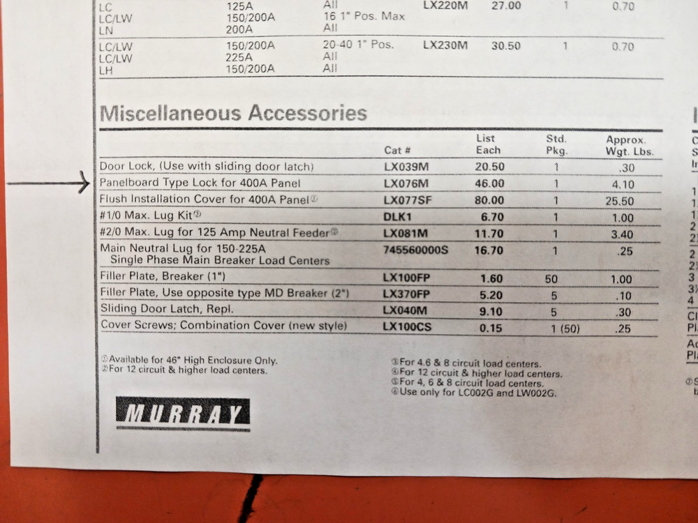 MURRAY LX076M PANELBOARD TYPE LOCK FOR 400A PANEL