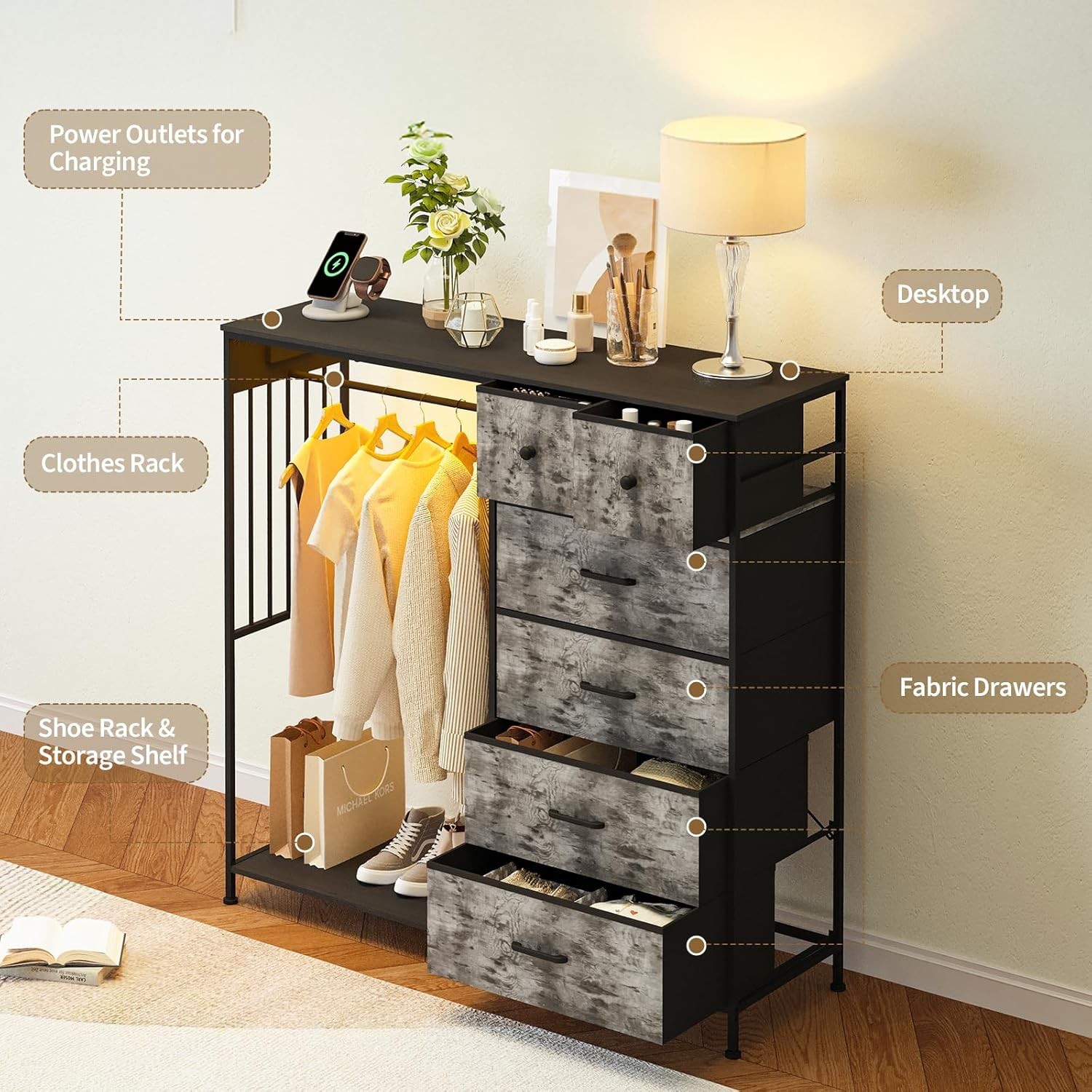 6-Drawer Dresser with Hanging Rack, LED Lights & Charging Station for Bedroom