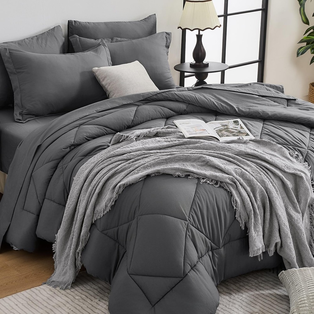 Queen Comforter Set 7pc, Reversible Bed In A Bag, Includes Pillowcases, Grey