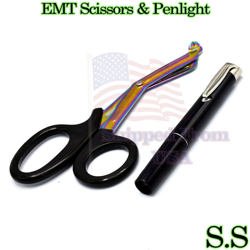 Rainbow Blade Tactical Shears Emt Scissors Black Handle 7.25" & Black Penlight