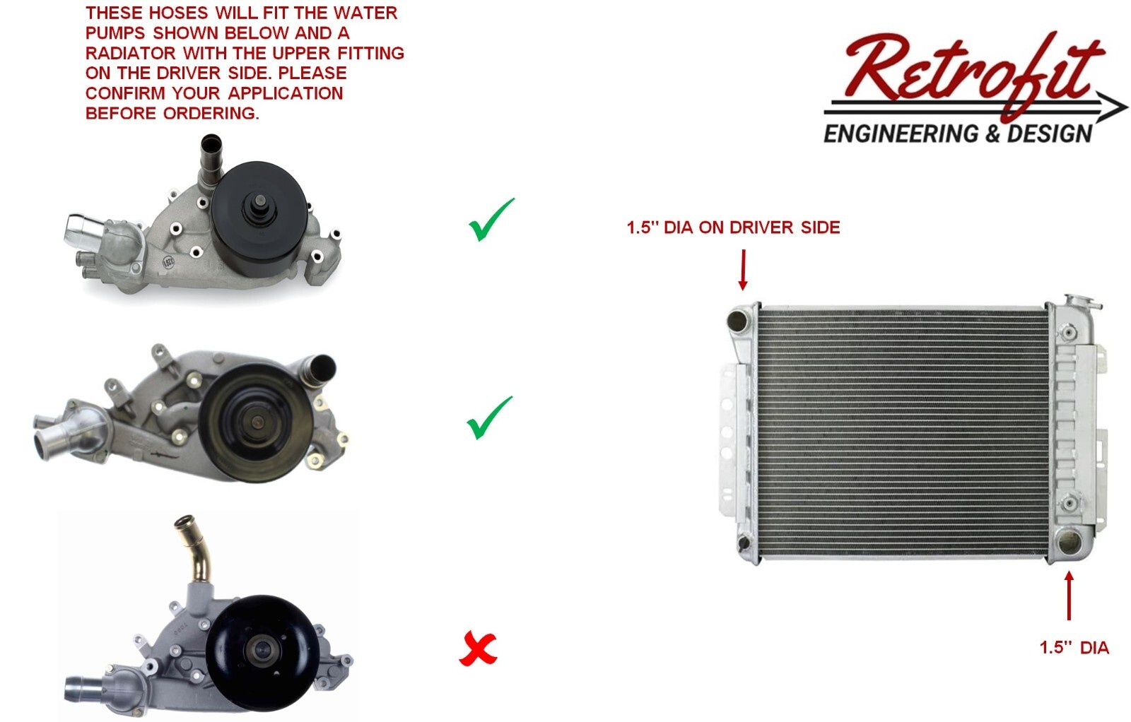 Universal LS Swap Radiator Hose Kit, LS1 LS2 LS3 Water Pump, Stock Rad 1.5"