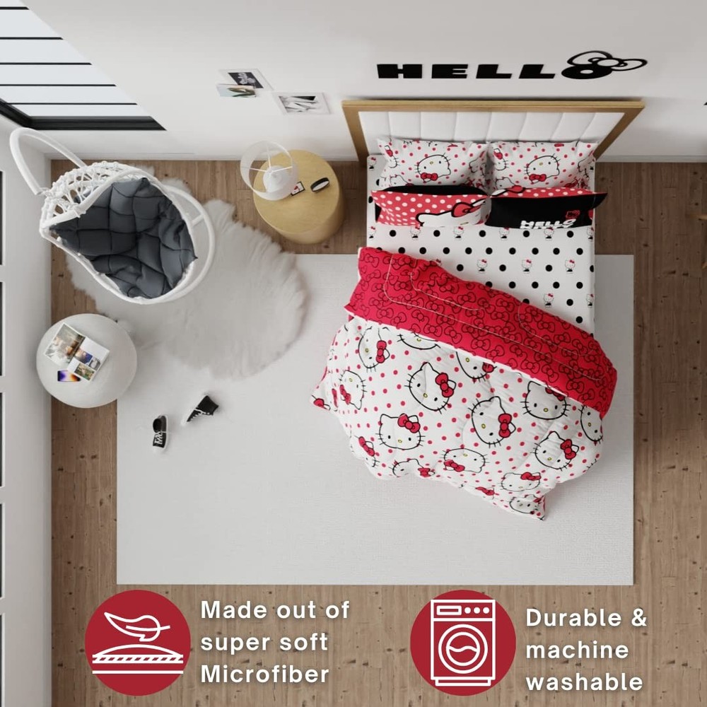 Hello Kitty 7 Piece Queen Size Bedding Set Microfiber Reversible Comforter