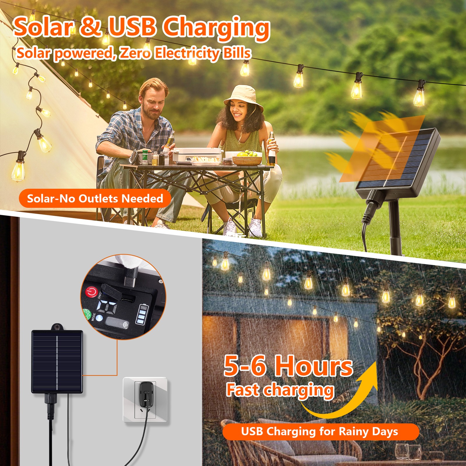 60FT Solar String Lights Outdoor Waterproof Patio w Remote Control 16 ST38 Bulbs