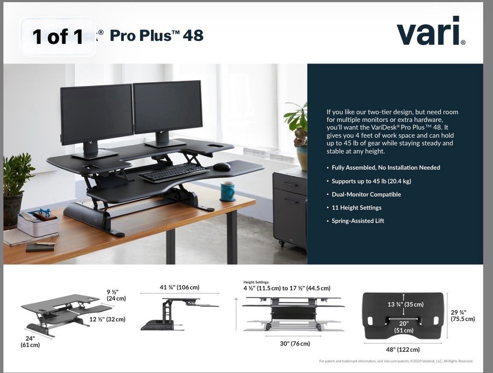 VariDesk Pro Plus 48 Height Adjustable Standing Desk Converter