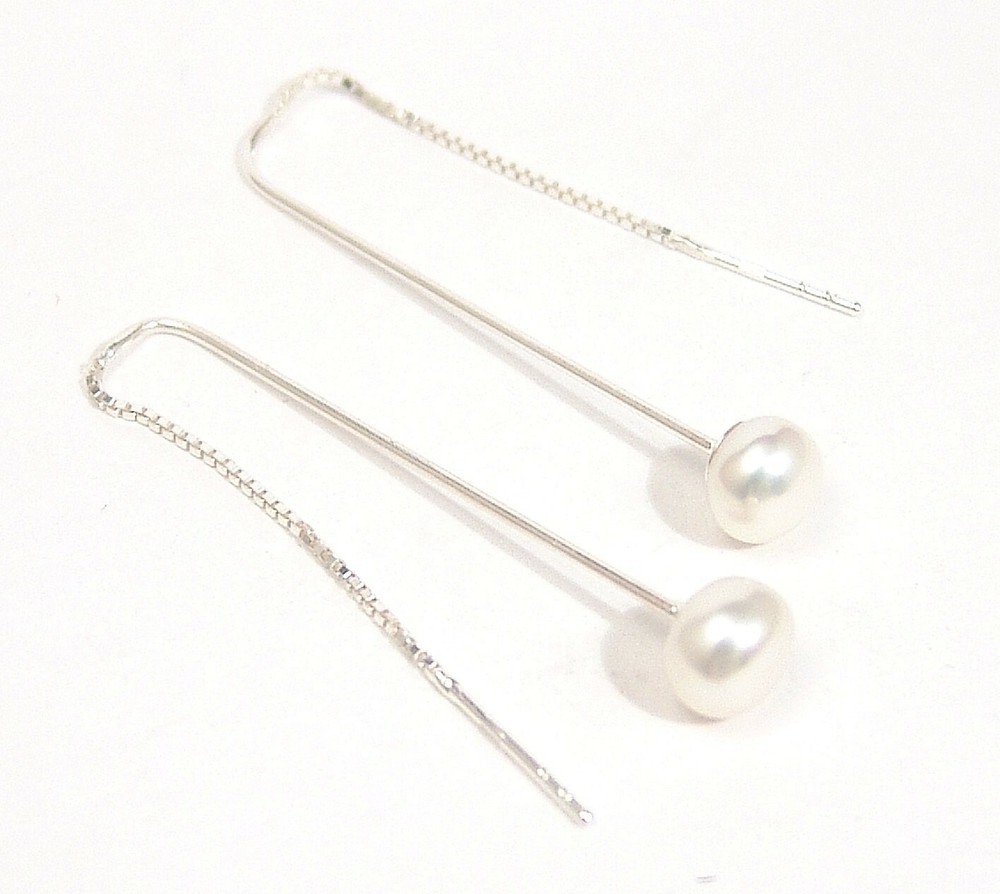 Freshwater White Pearl Threader Earrings Sterling Silver