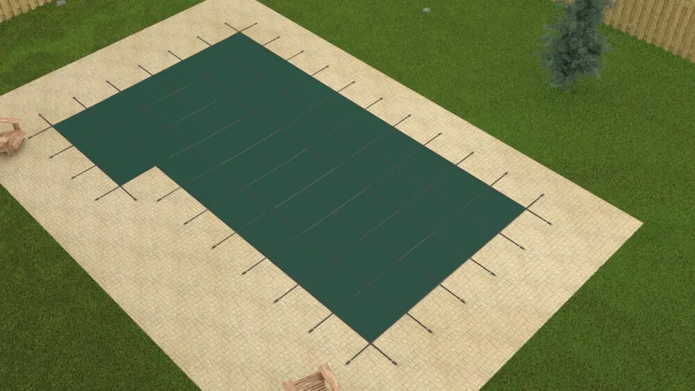 GLI Value X Solid 16' x 32' Rect Green Solid Safety Cover w/ Right Step + Drain