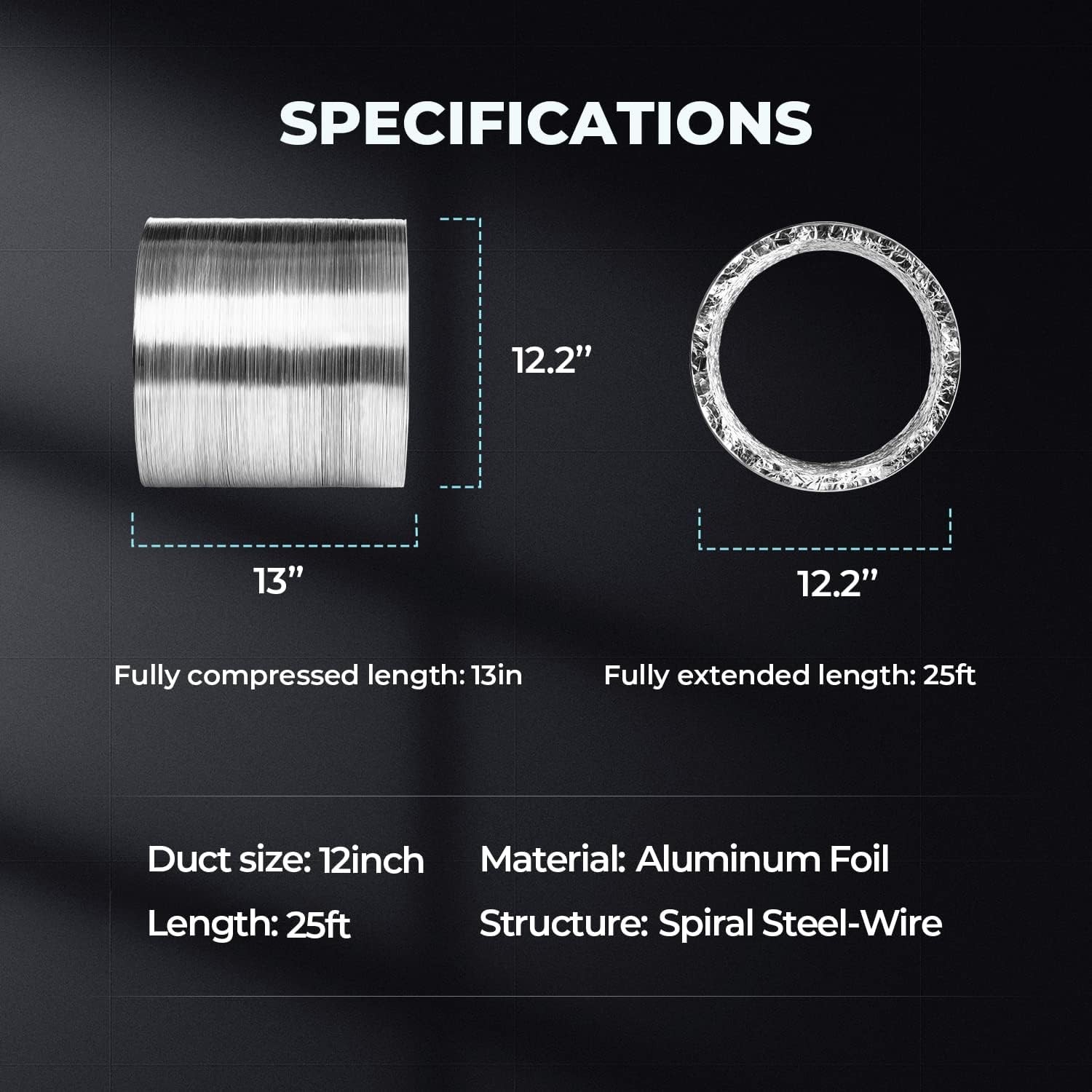 12" 25 Ft Aluminum Ducting Flexible, Heavy-Duty 4-Layer Protection with 2 Duct