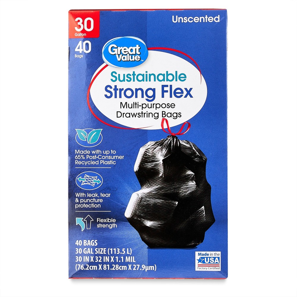 New Great Value Strong Flex Multi-Purpose Drawstring Bags, 30 Gallon, 40 Count