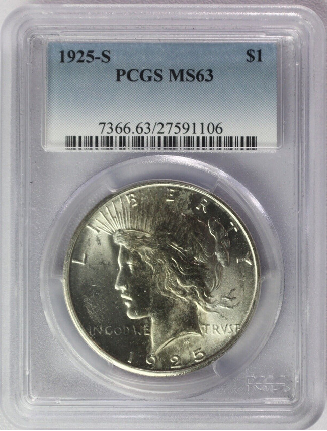 :1925-S SILVER PEACE DOLLAR BLAST WHITE PCGS CHOICE MS63 KEY DATE HIGHEST-GRADES