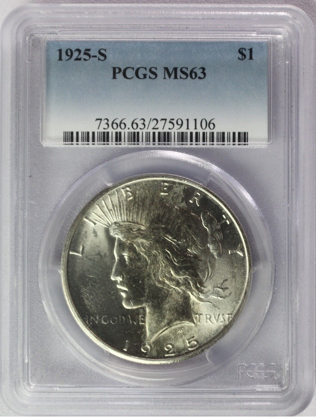:1925-S SILVER PEACE DOLLAR BLAST WHITE PCGS CHOICE MS63 KEY DATE HIGHEST-GRADES