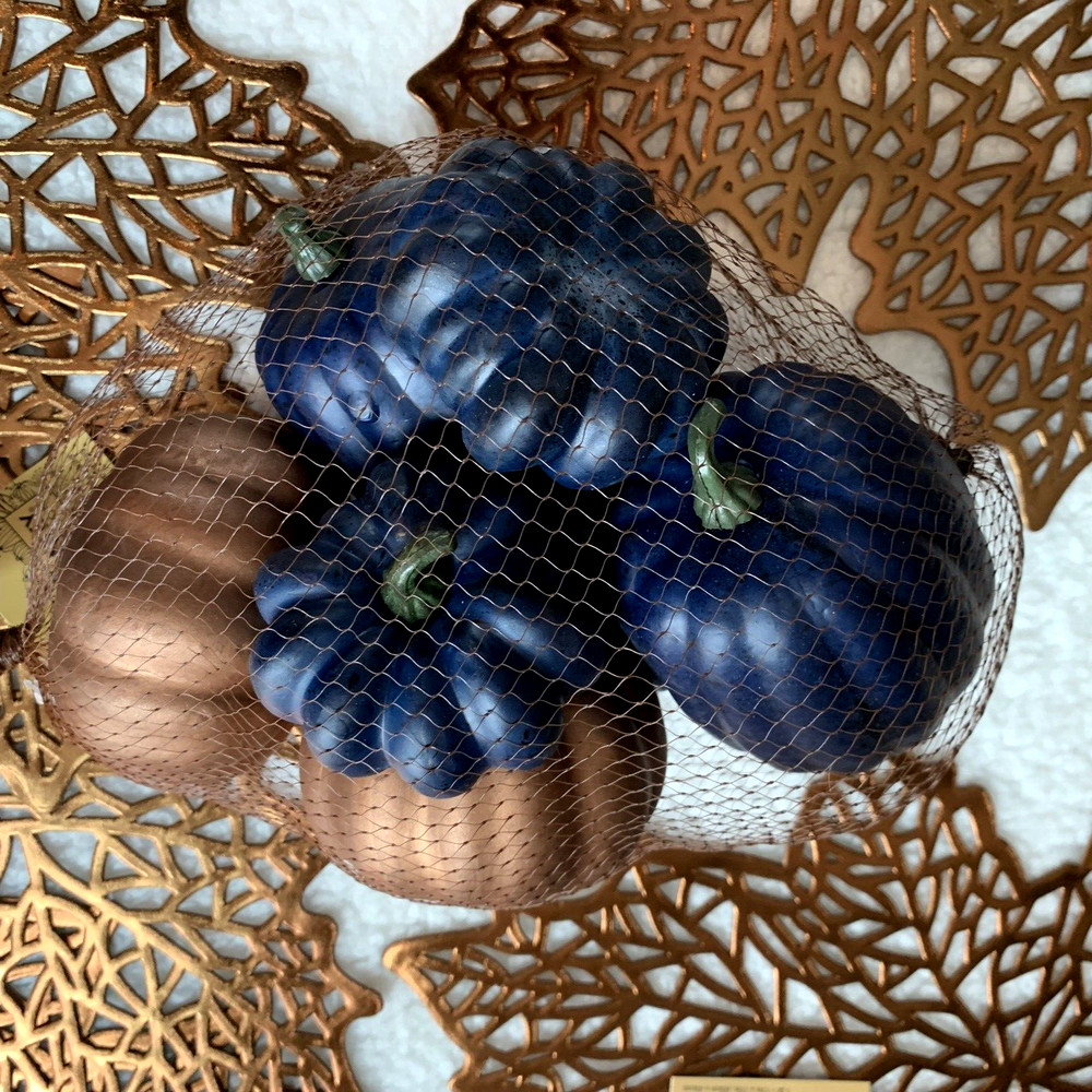 NEW Table Decor Fall Thanksgiving Navy & Copper Leaf Placemats & Pumpkins