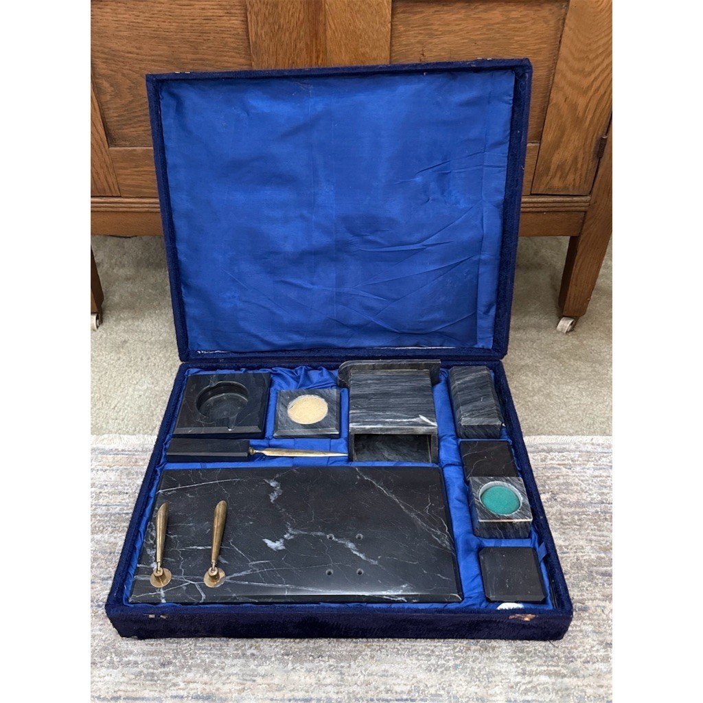 Vintage Marble Desk Set Dual Pen Holders Blotter Inkwell Blue Case