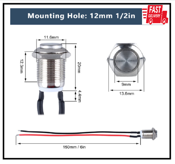 2-Pack 12mm Momentary with Cable Metal Waterproof Push Button Switch Raised Head