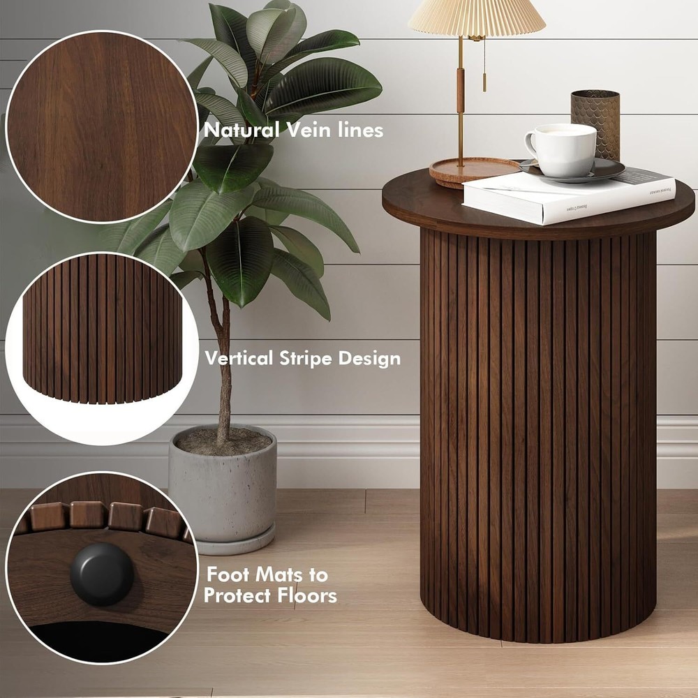 Wnutrees Round Fluted End Table, Small Accent Pedestal Side Table