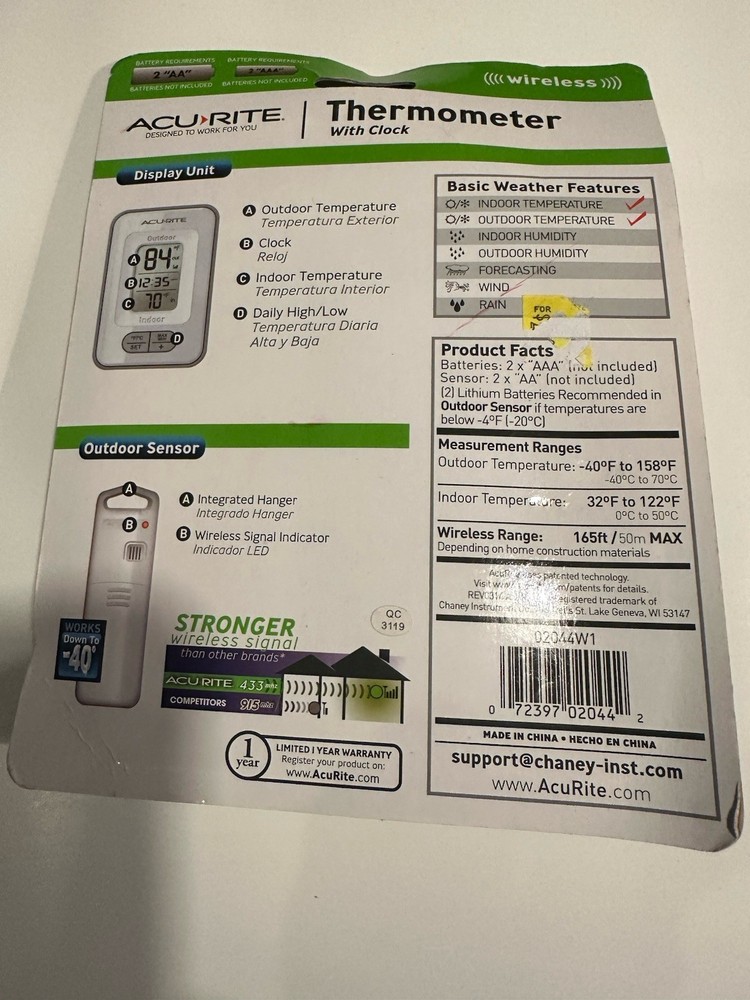 AcuRite Wireless Indoor Outdoor Digital Temperature Thermometer Clock & Memory