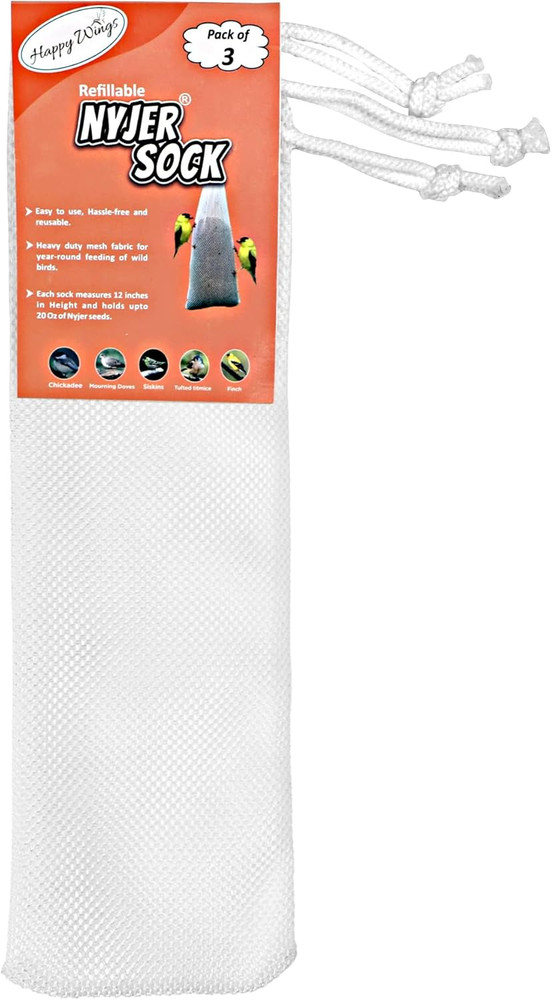Refillable Nyjer Thistle Sock Feeder, 3 Socks- Easy-Fill, Durable Design, Attrac