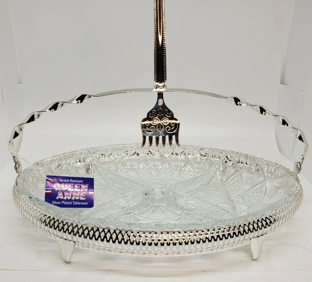 Queen Anne Silverplate Tableware Cut Glass Divided Oval Dish Caddy England