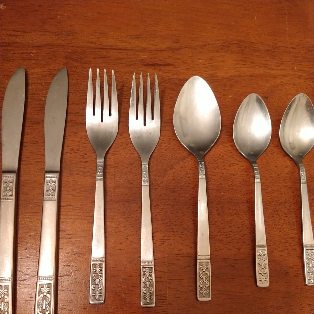 Vtg MCM Fleur De Lis Pattern Flatware 7 PC Set Taiwan