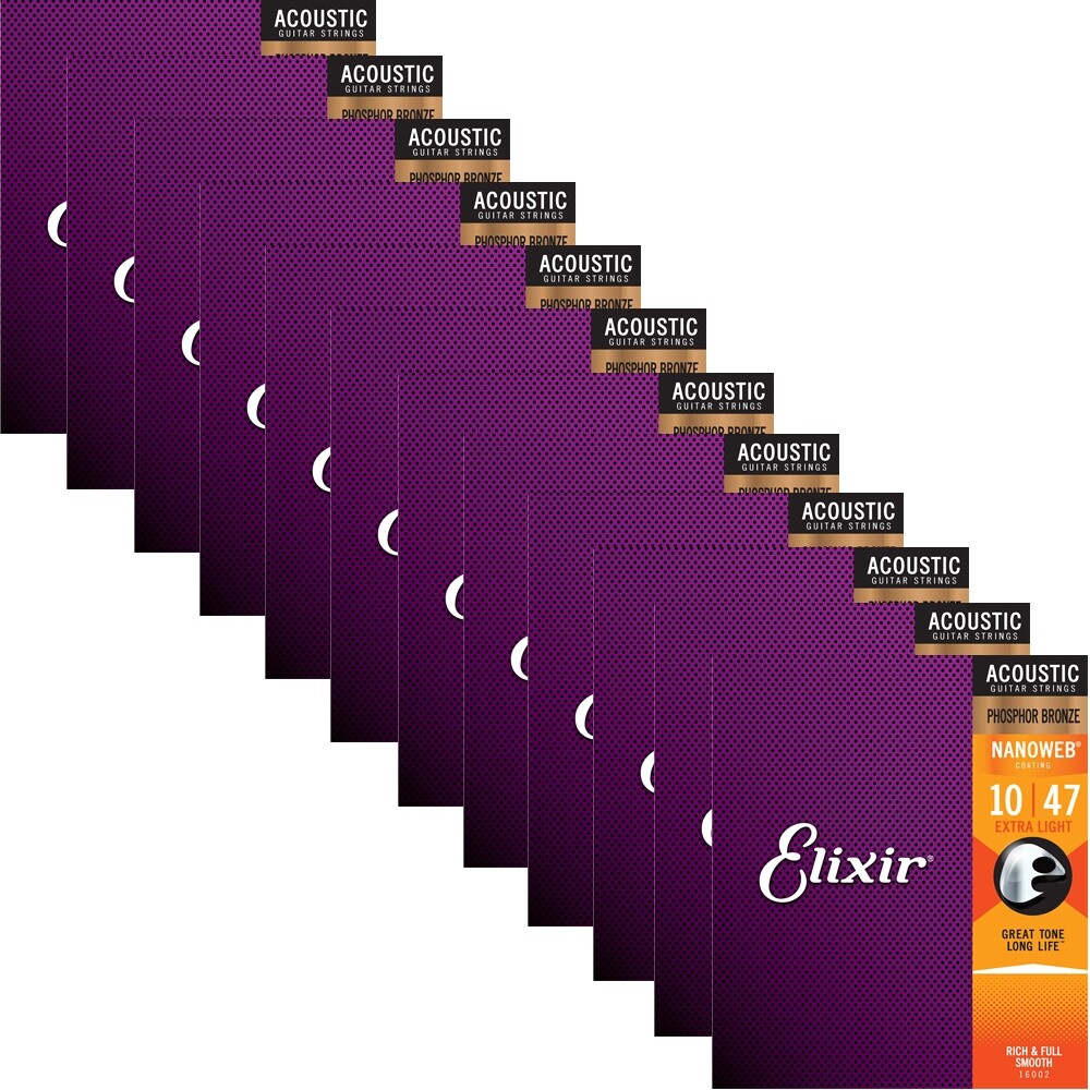 Elixir Nanoweb Phosphor Bronze Extra Light Acoustic Guitar Strings 10-47 12-Pack