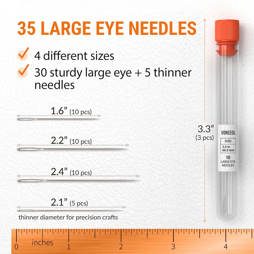35 PCS Large Eye Sharp Hand Sewing Needles 4 Assorted Sizes - Easy Threading Emb